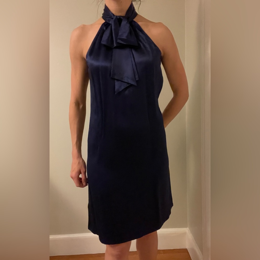 Silky purple Loft dress. Size 6. Worn once. Bow in front. 3 button closure back.